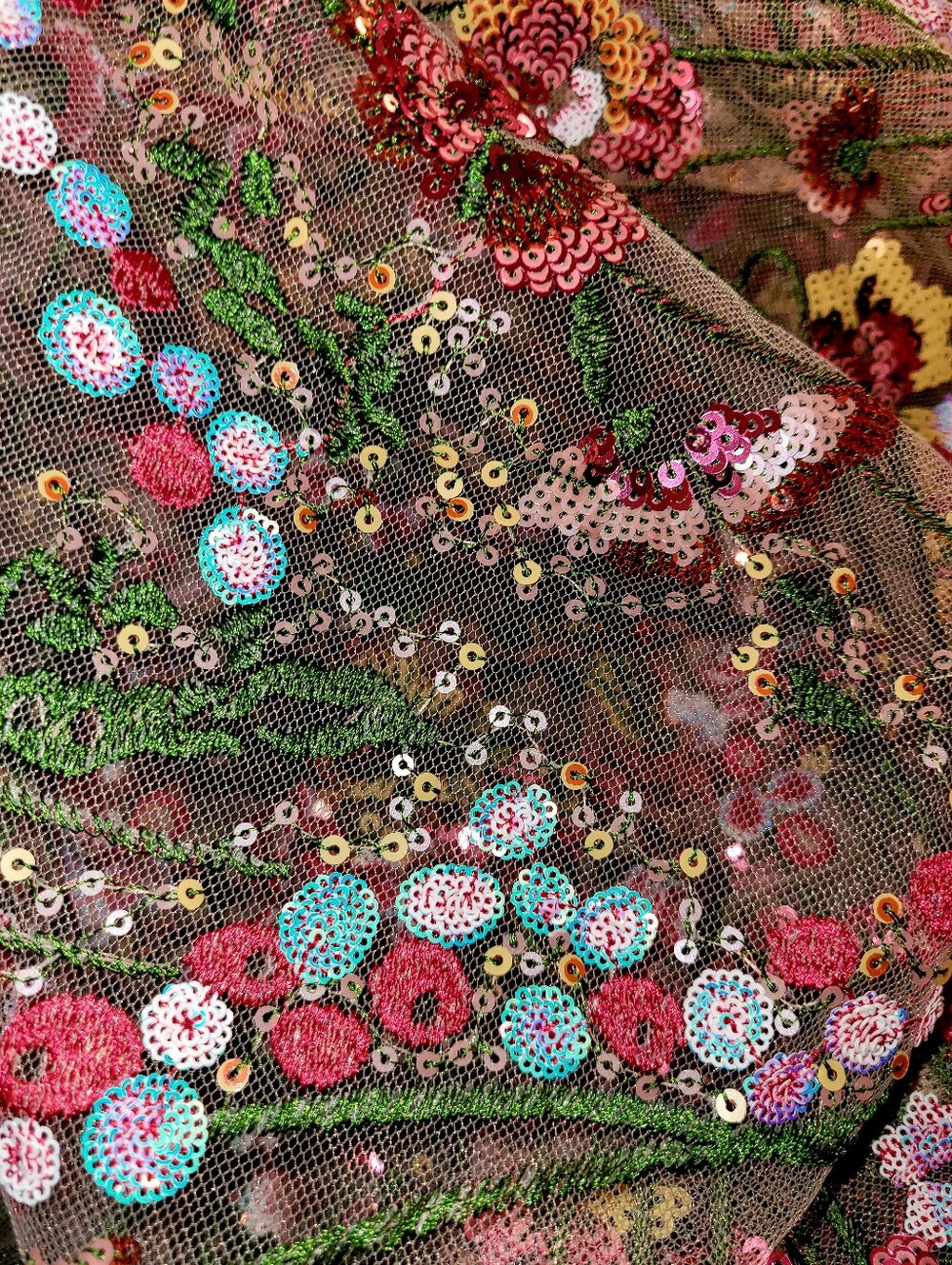 Fairycore Garden Sequin & Embroidered Fabric On Sheer Tulle 64" X 109"
